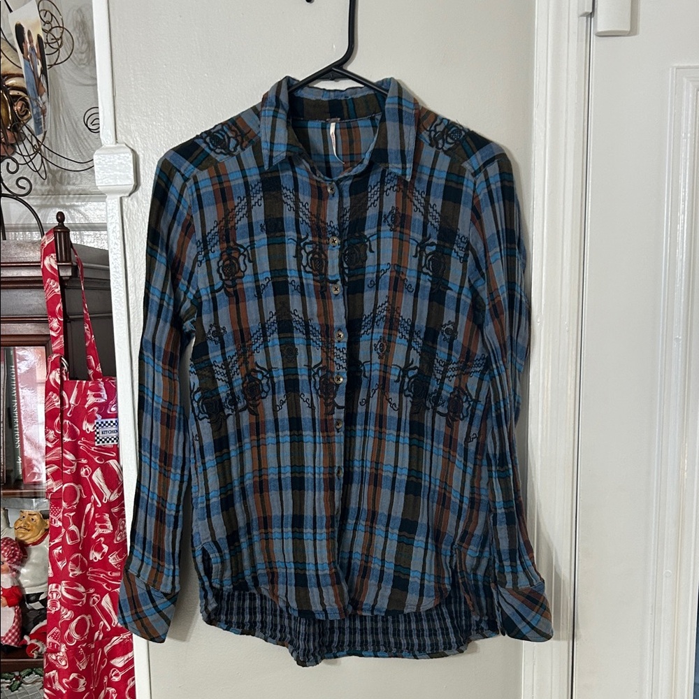 Free People Magical Plaid Embroidered Shirt Blue Size XS - Picture 4 of 10